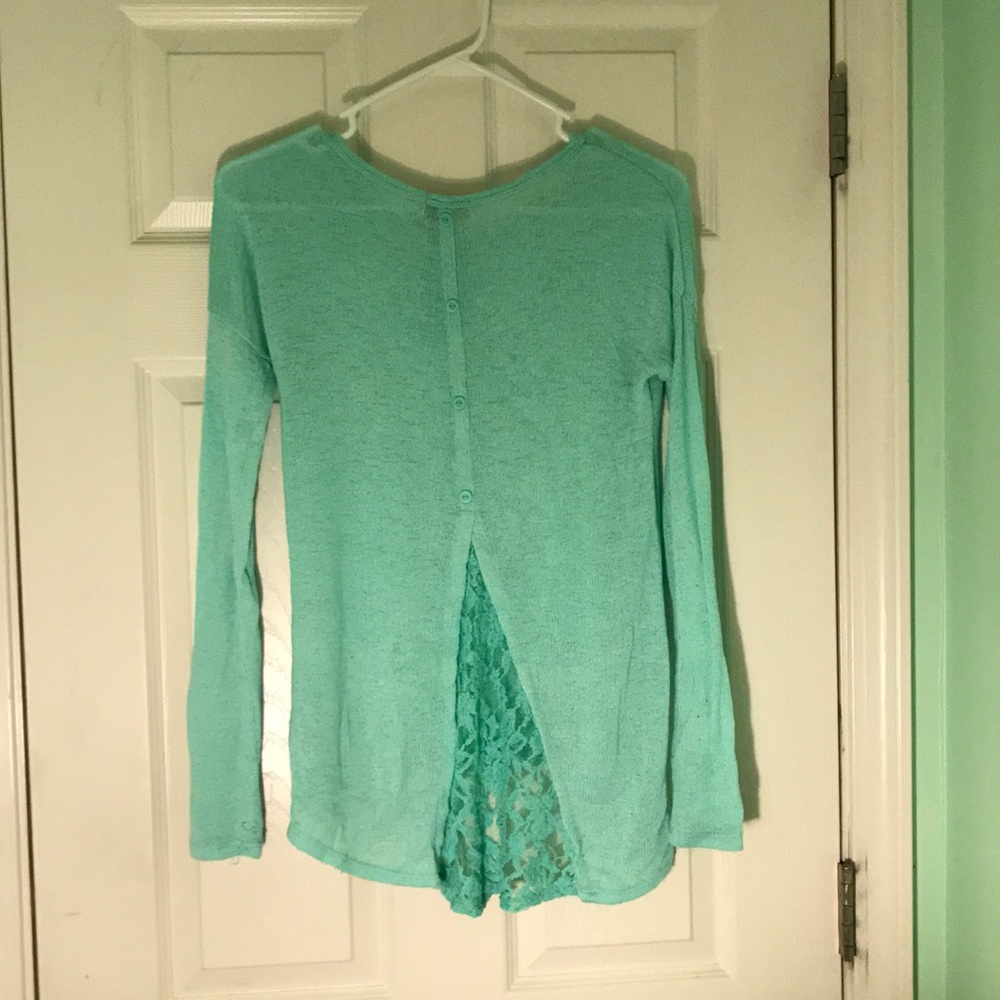 Lightweight aqua top w/ Lacey button-down back